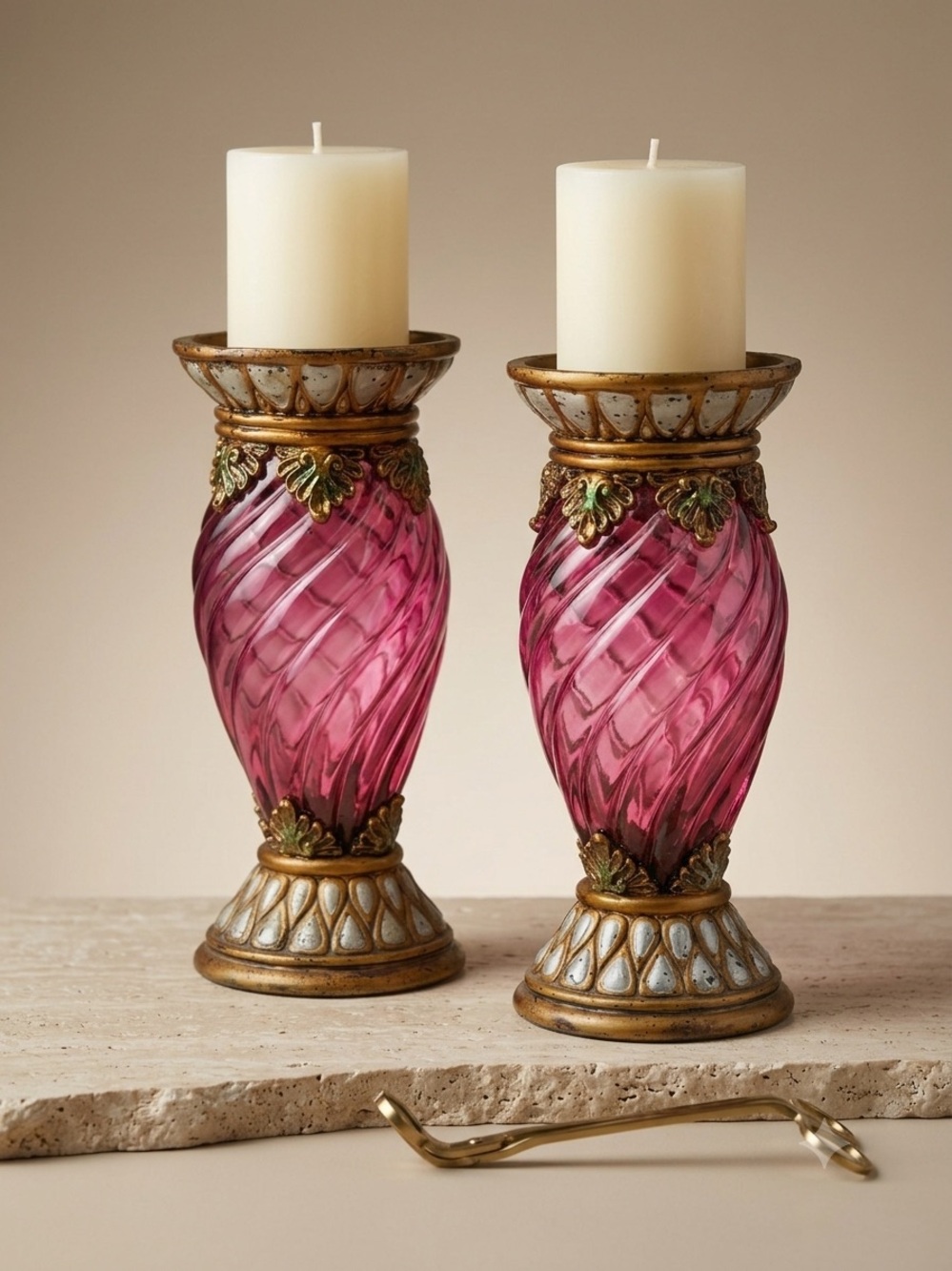 Vintage Hollywood Regency Cranberry Pink Swirl Glass Pillar Candle Holders-Pair